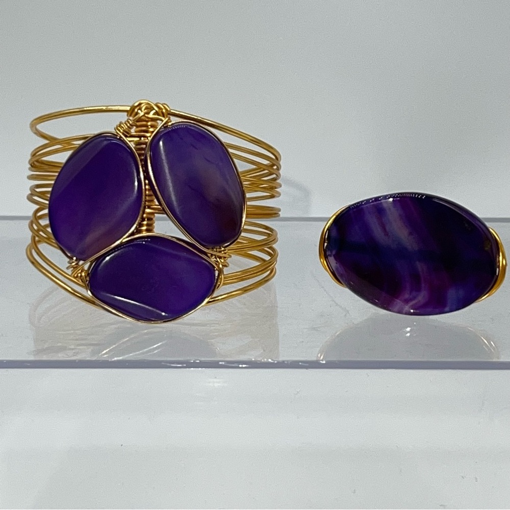 Elegant Purple/Blue and Gold Bracelet and Ring Costume Jewelry 2 Piece Set